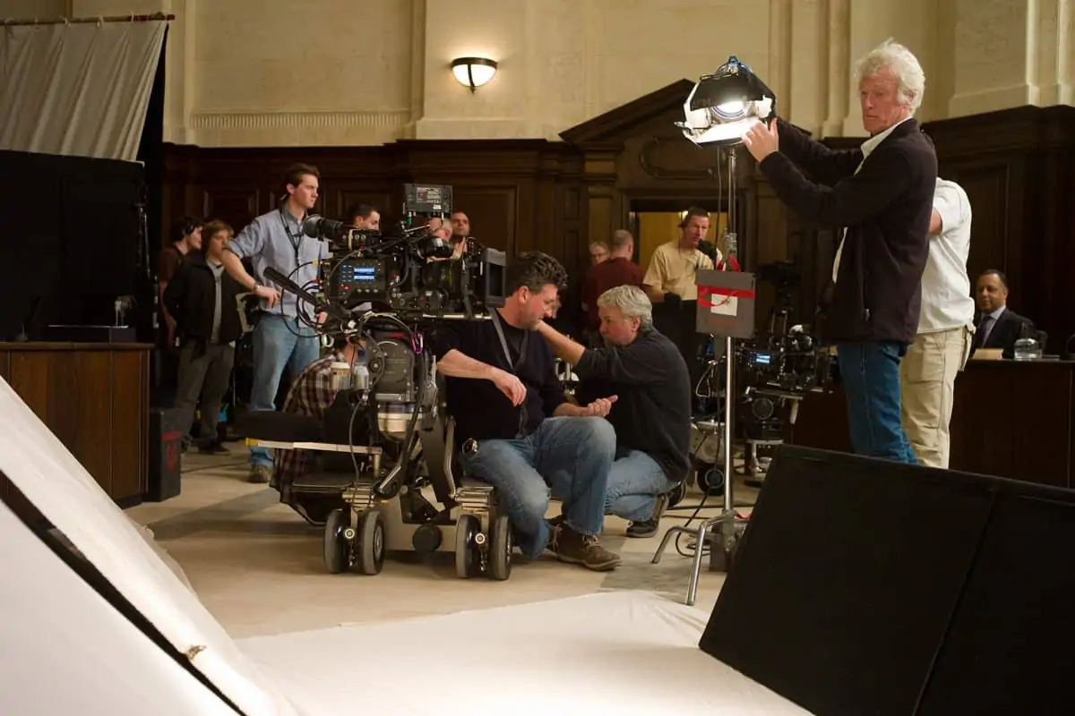 The camera crew and DP Roger Deakins on the board of inquiry set from Metro-Goldwyn-Mayer Pictures/Columbia Pictures/EON Productions’ action adventure SKYFALL.