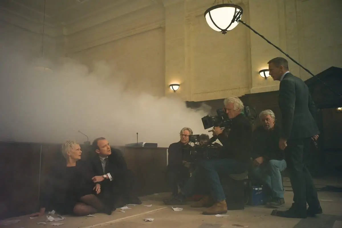 DP Roger Deakins films Judi Dench (M), Rory Kinnear (Tanner) and Daniel Craig on the board of inquiry set from Metro-Goldwyn-Mayer Pictures/Columbia Pictures/EON Productions’ action adventure SKYFALL.