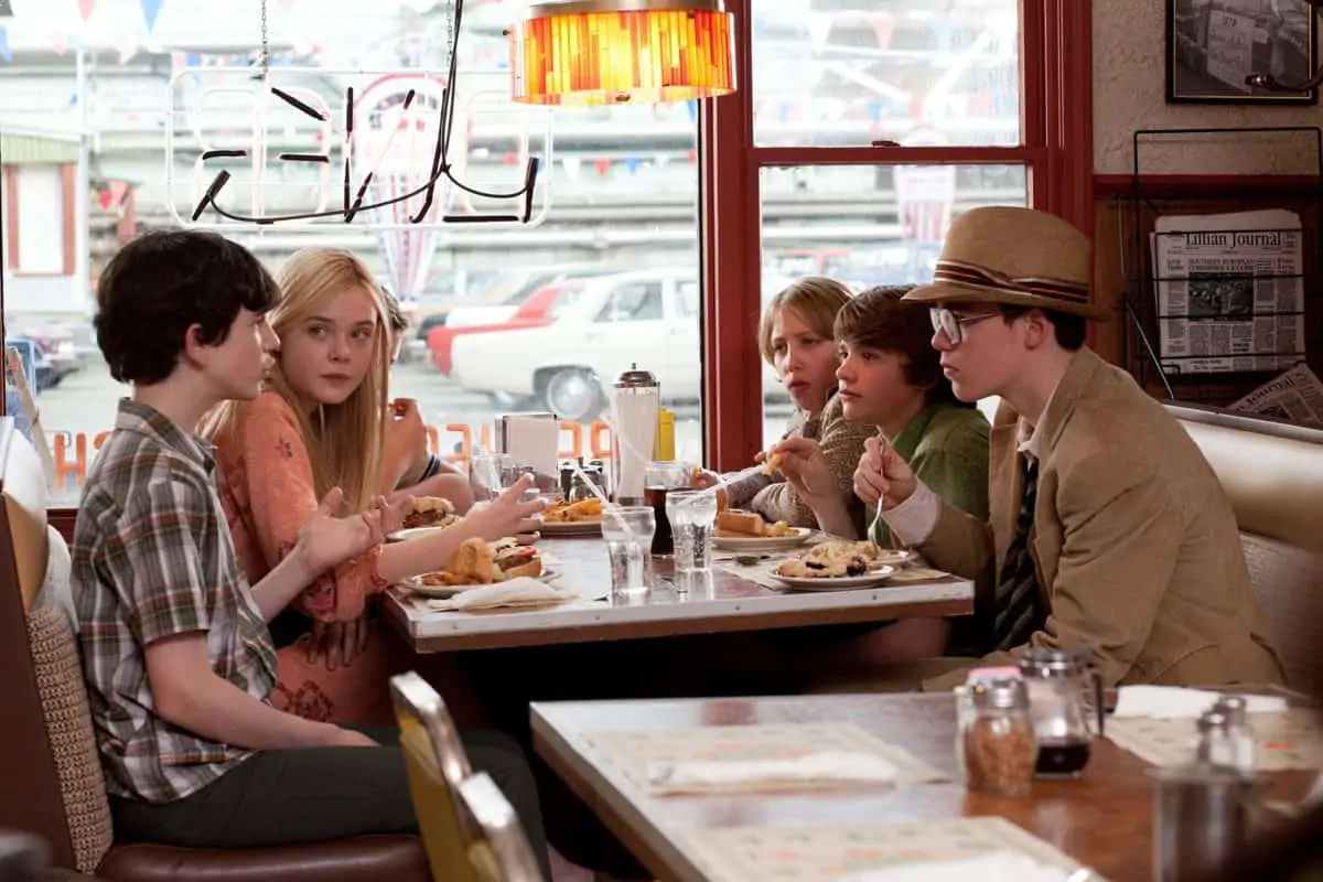 Left to right: Zach Mills plays Preston, Elle Fanning plays Alice Dainard, Riley Griffiths plays Charles Kasnick, Ryan Lee plays Cary, Joel Courtney plays Joe Lamb, and Gabriel Basso plays Martin in SUPER 8, from Paramount Pictures.