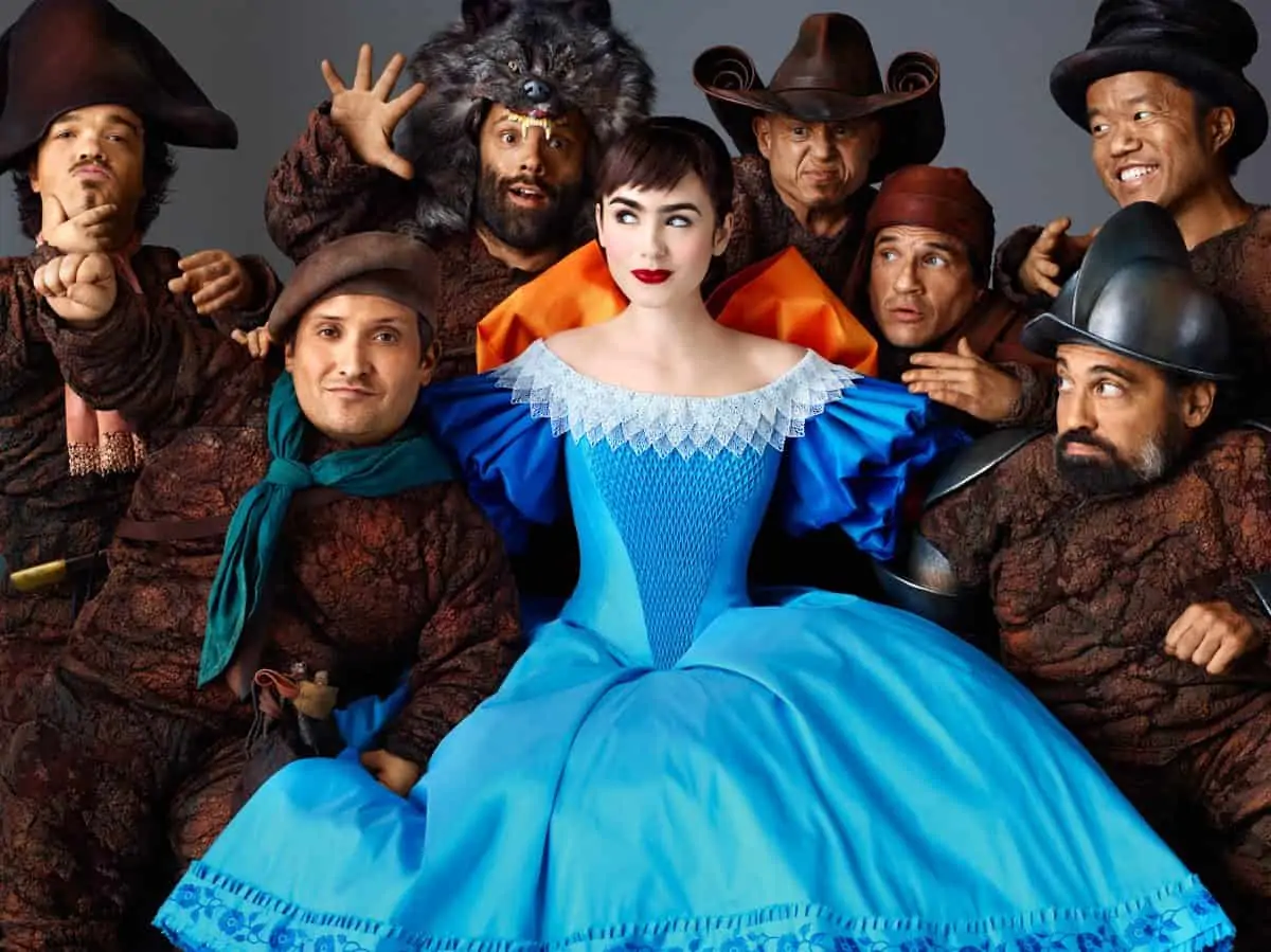 (Left to right.)  Jordan Prentice, Joey Gnoffo , Sabastian Saraceno,   Lily Collins, Martin Klebba, Mark Provinelli, Ronald Lee Clark and  Danny Woodburn star in Relativity Media's Untitled Snow White Project.