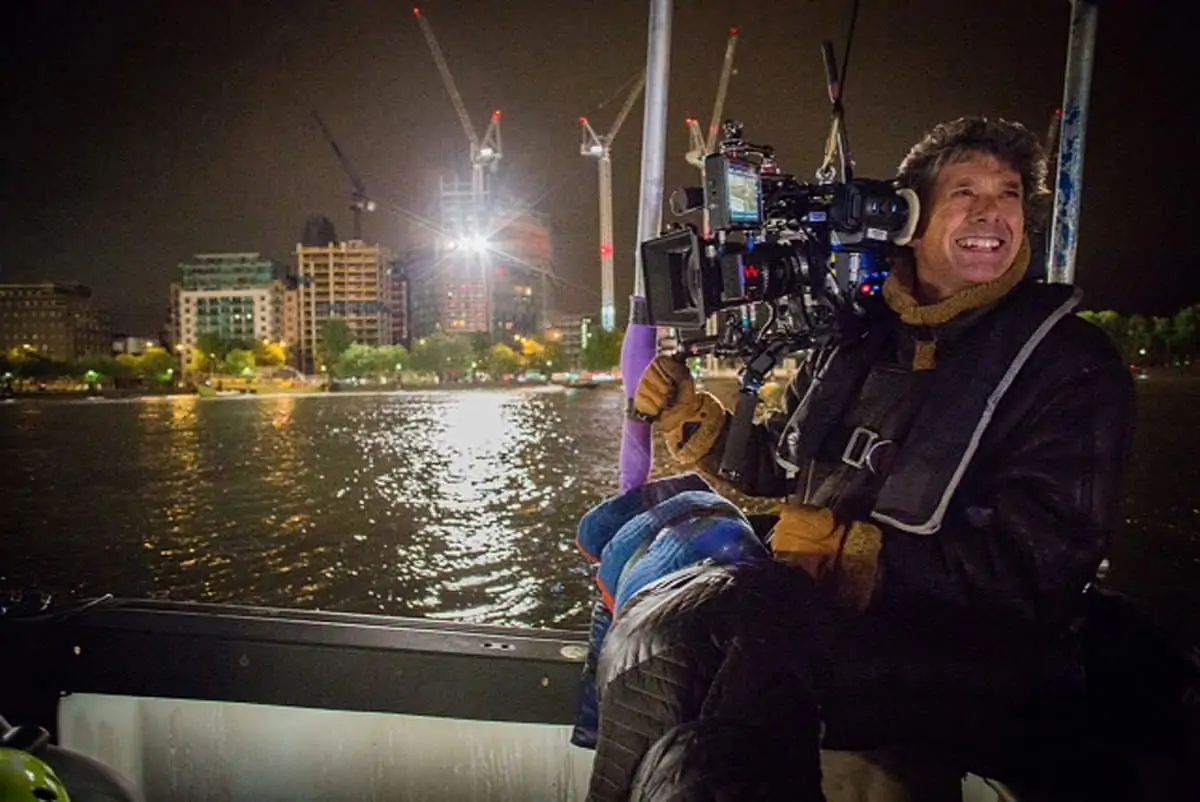 Riparian ... Gary on the Thames during a night shoot for 007 Spectre