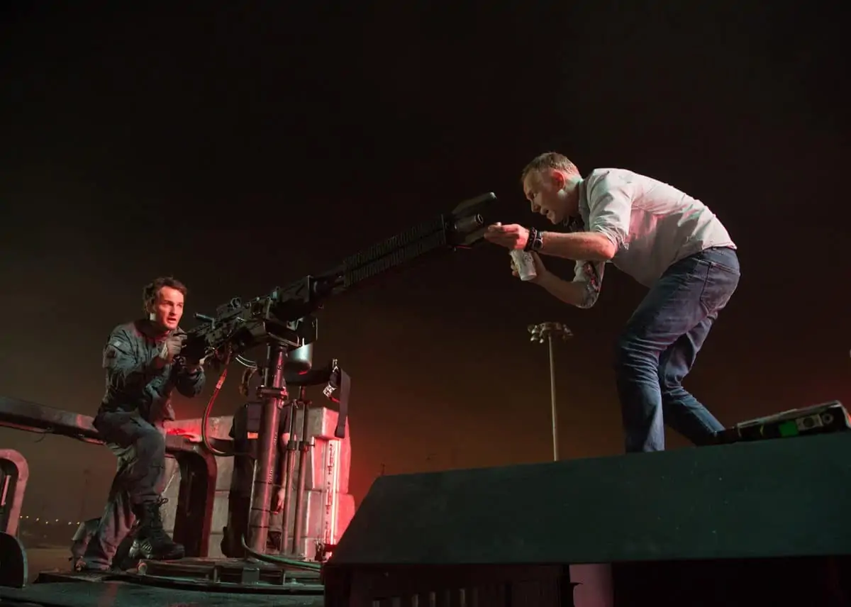 Left to right: Jason Clarke and Director Alan Taylor on the set of Terminator Genisys from Paramount Pictures and Skydance Productions.