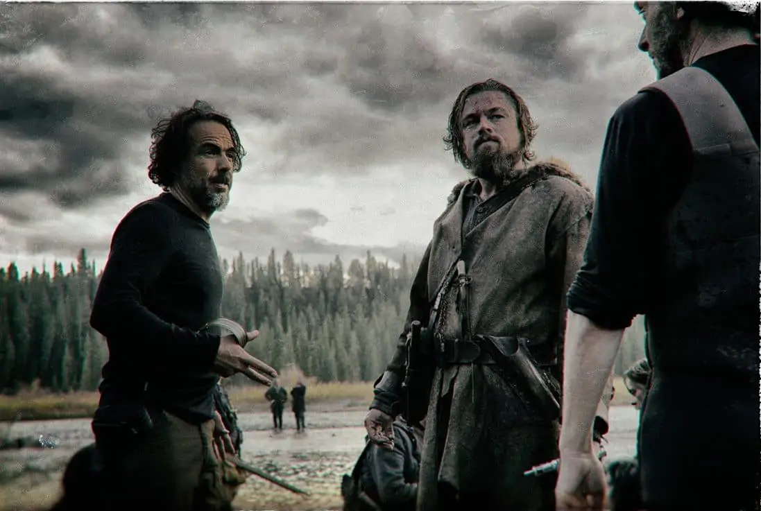 Director Alejandro G. Iñárritu with Leonardo DiCaprio and Chivo