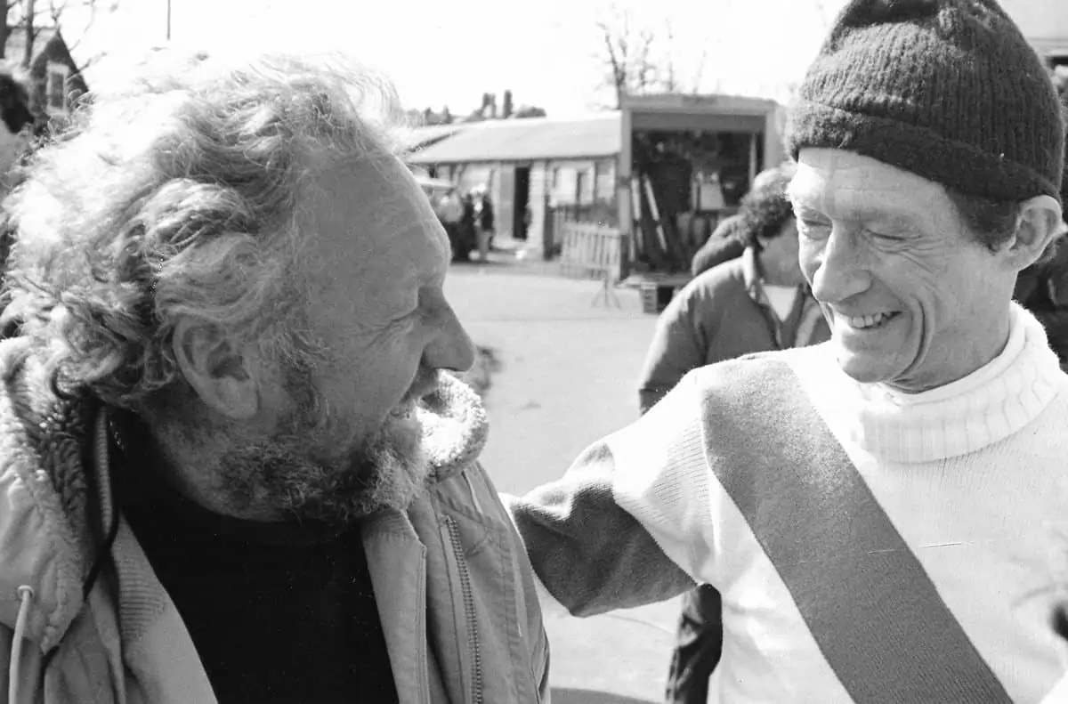 Ronnie Taylor pictured with John Hurt on the set of <em>Champions</em>