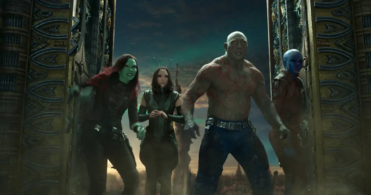 L to R: Gamora (Zoe Saldana), Mantis (Pom Klementieff), Drax (Dave Bautista) and Nebula (Karen Gillan)