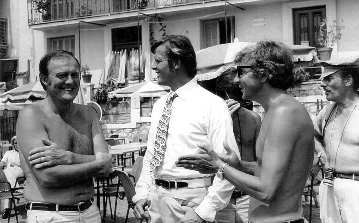 Having a laugh during <em>The Persuaders!</em> - James Devis (l-r) with Roger Moore, assistant director Peter Price, and director Val Guest