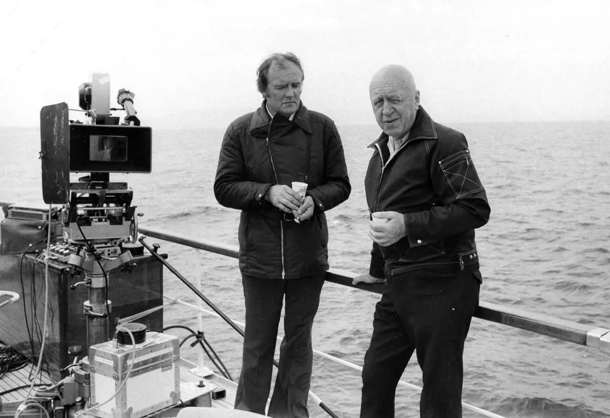 On <em>Rosebud</em> (1975) with Otto Preminger (r) in the Mediterranean off the coast of Israel