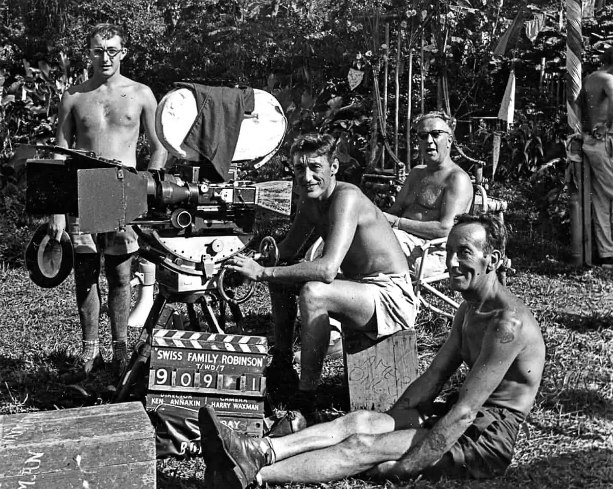 <em>Swiss Family Robinson</em>... pictured with Ernie Day (camera operator) and DP Harry Waxman BSC sitting in the background with dark glasses, while Ted Underwood (grip) relaxes on the grass