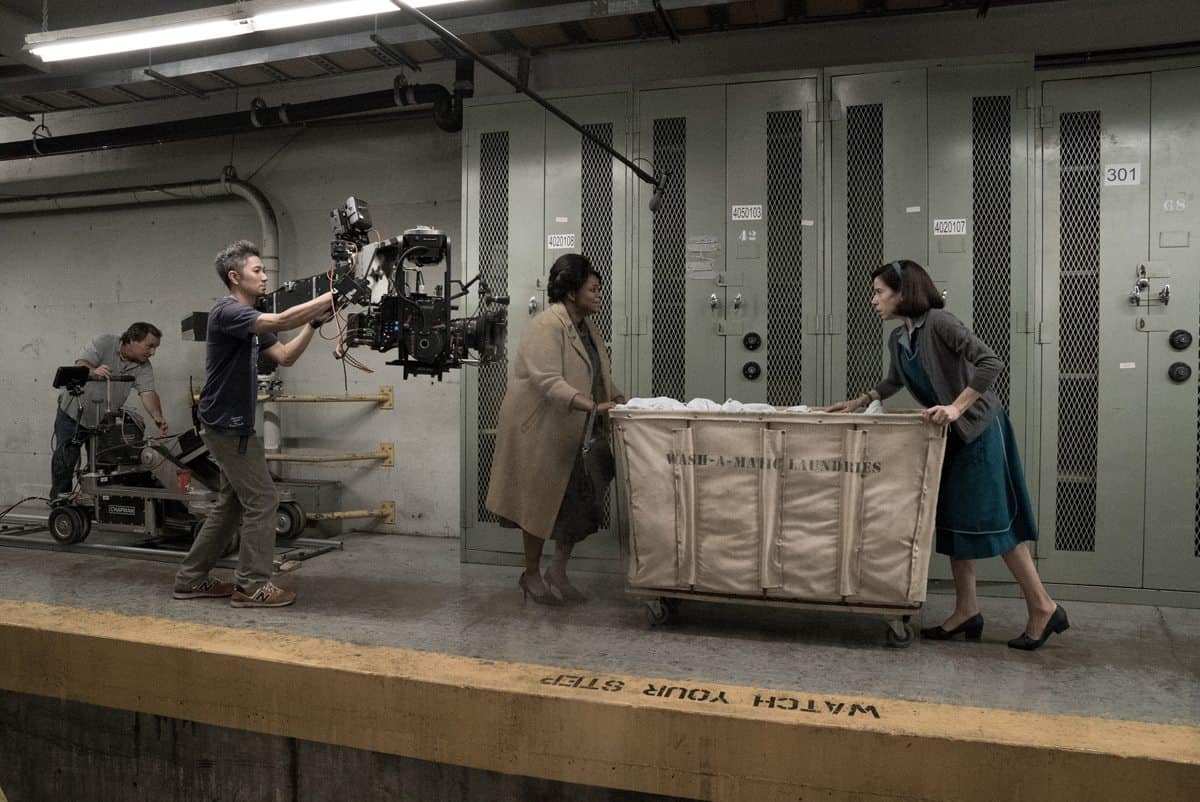 THE SHAPE OF WATER (l-r) A camera dolly grip Ron Renzetti, B camera dolly grip Mike Yabuta, Octavia Spencer and Sally Hawkins