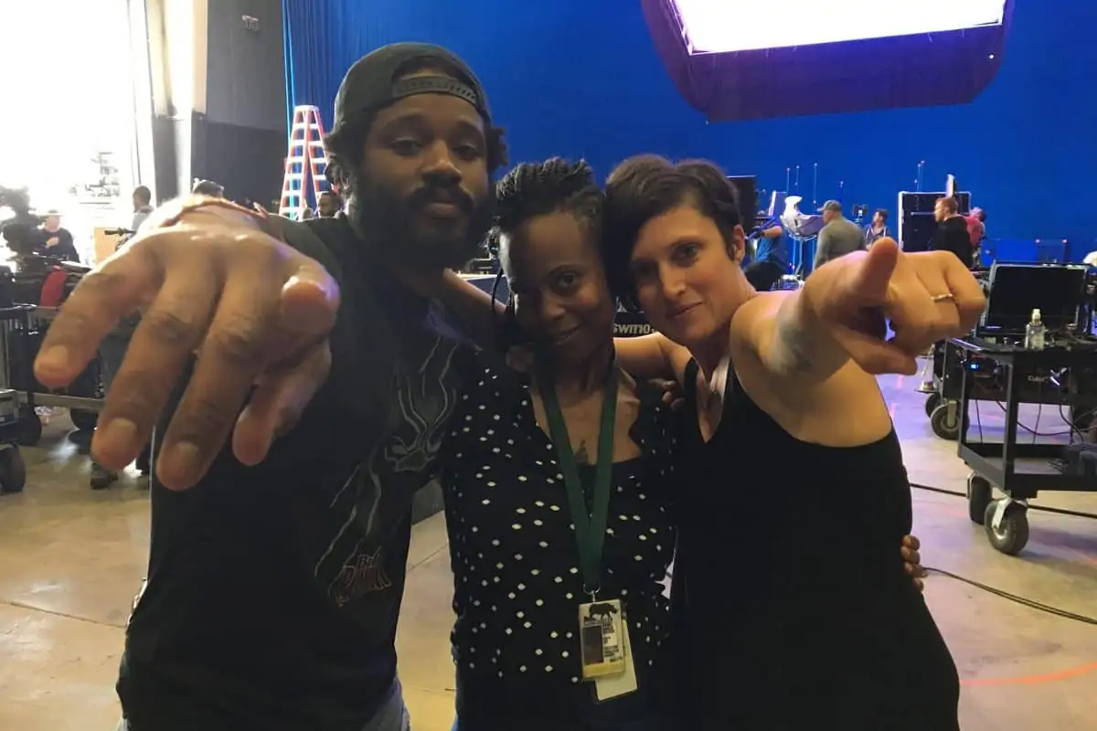 (l-r): Director Ryan Coogler, Production Designer Hannah Beachler, and Cinematographer Rachel Morrison on the <em>Black Panther</em> set.
Photo Credit: 1st AD Lisa Satriano