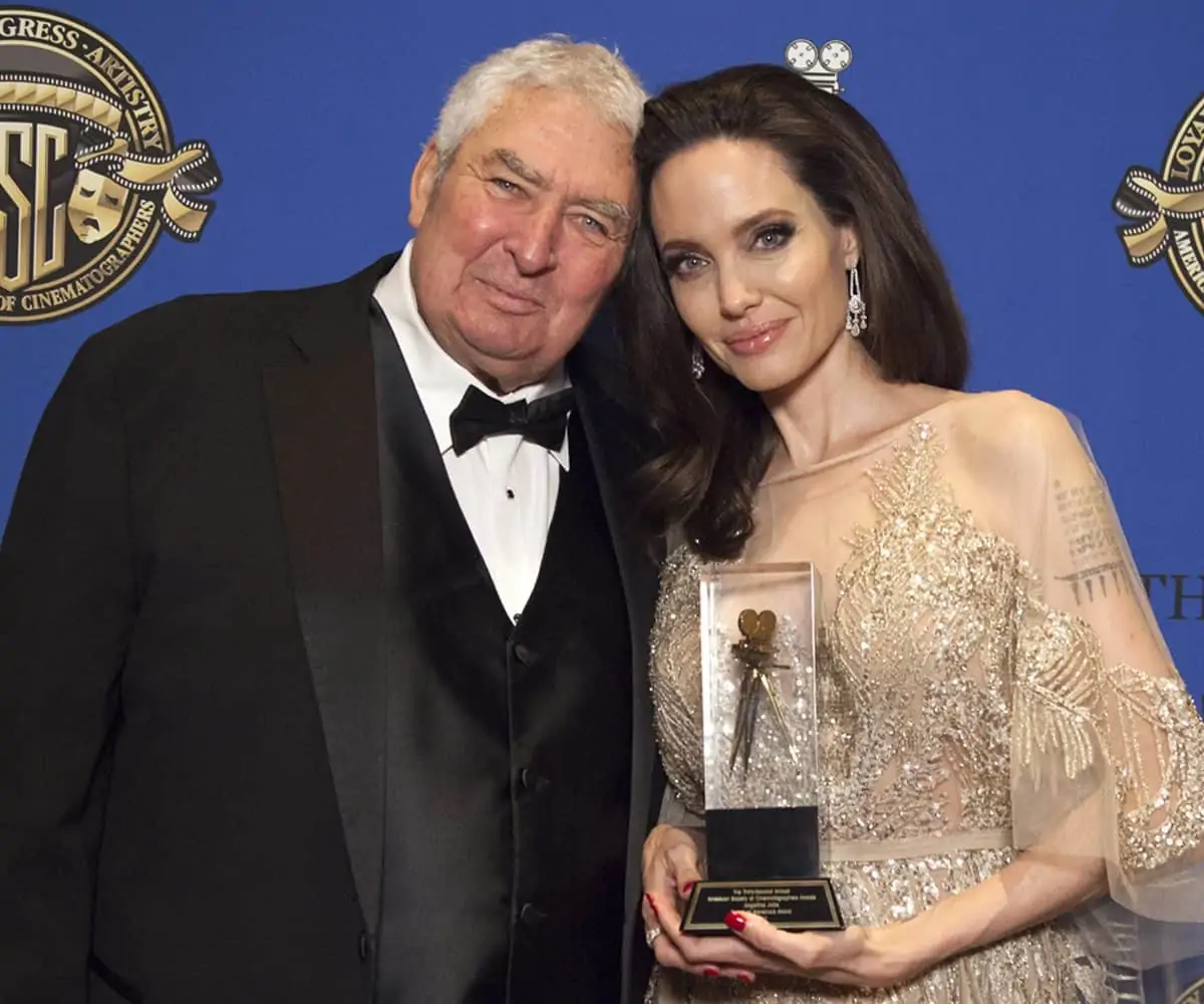 Angelina Jolie with the Board of Governors award, presented by Dean Semler ASC ACS. <br>c/o Lisa Muldowny, Ignite Strategic Comminications