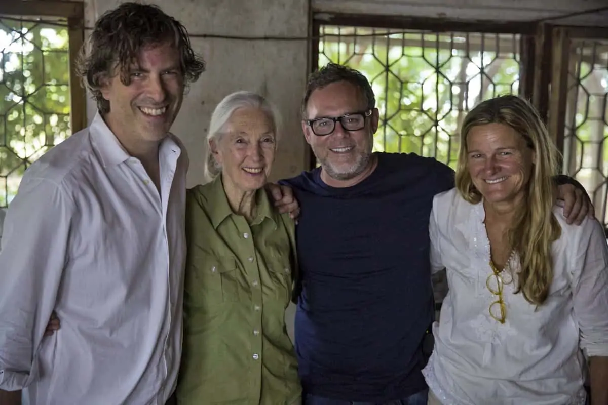 Ellen Kuras (far right) on the set of <em>Jane</em> with director Brett Morgen (far left) and Jane Goodall herself (second left). Credit: National Geographic