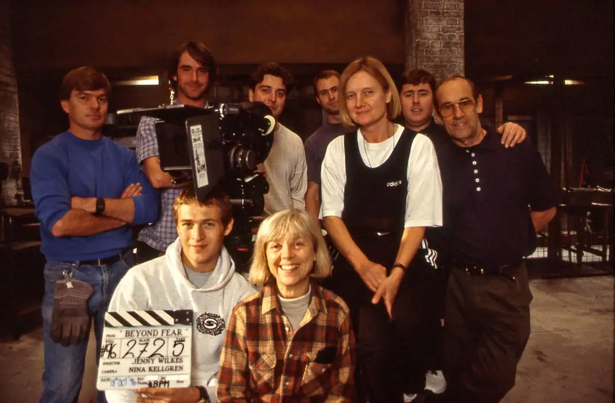 The skilled and talented <em>Beyond Fear</em> crew, inc: (back) Olly Tellett, 1st AC focus; Rupert Lloyd Parry, grip; Nina Kellgren BSC; plus Warren Ewen, gaffer; and his father as best boy. (front) Ed Rutherford, 2nd AC clapper/loader; Jenny Wilkes, director