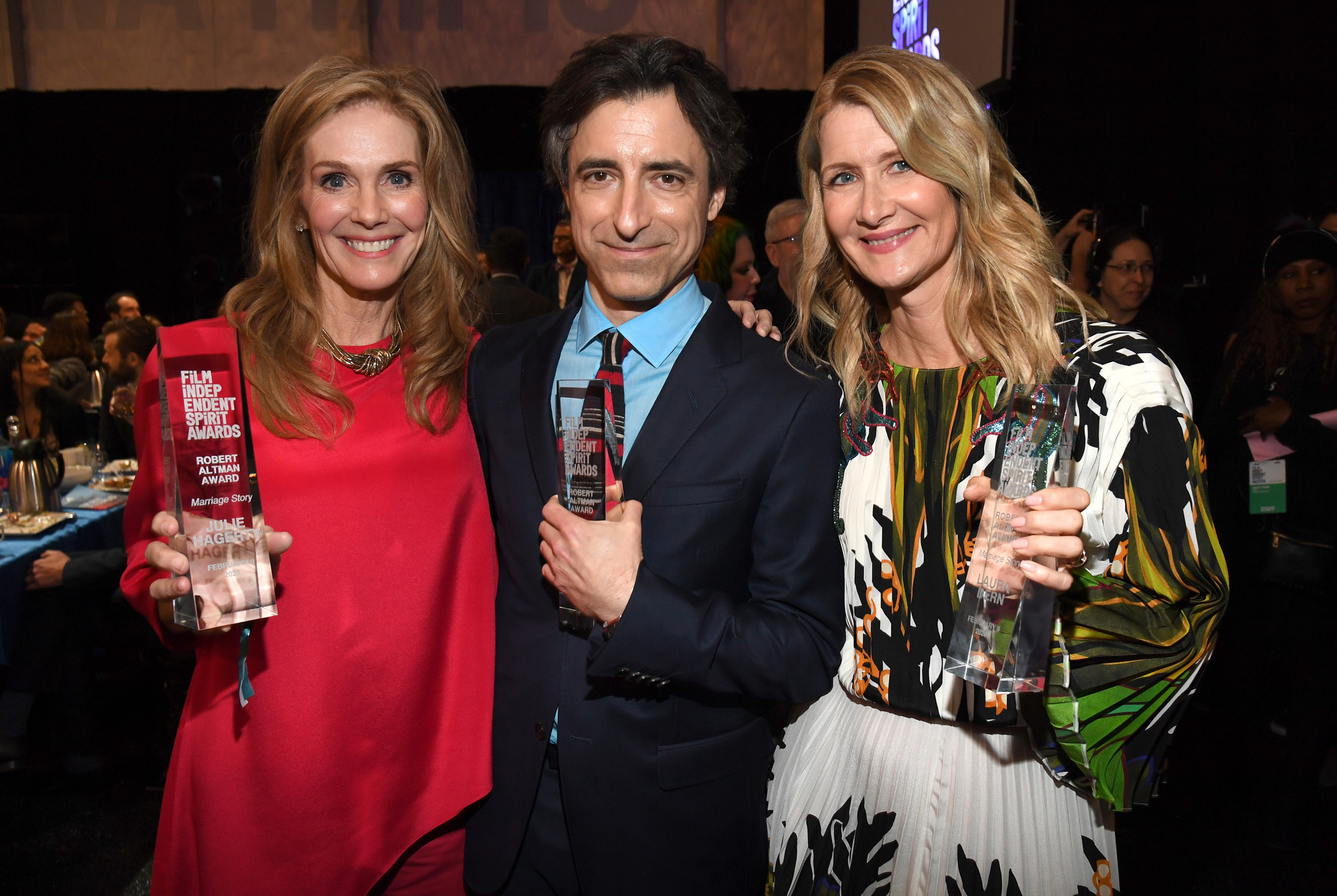 (L-R) Julie Hagerty, Noah Baumbach and Laura Dern, recipients of the Robert Altman Award (Best Ensemble) for <em>Marriage Story</em> attend the 2020 Film Independent Spirit Awards (Photo by Kevin Mazur/Getty Images for Film Independent)