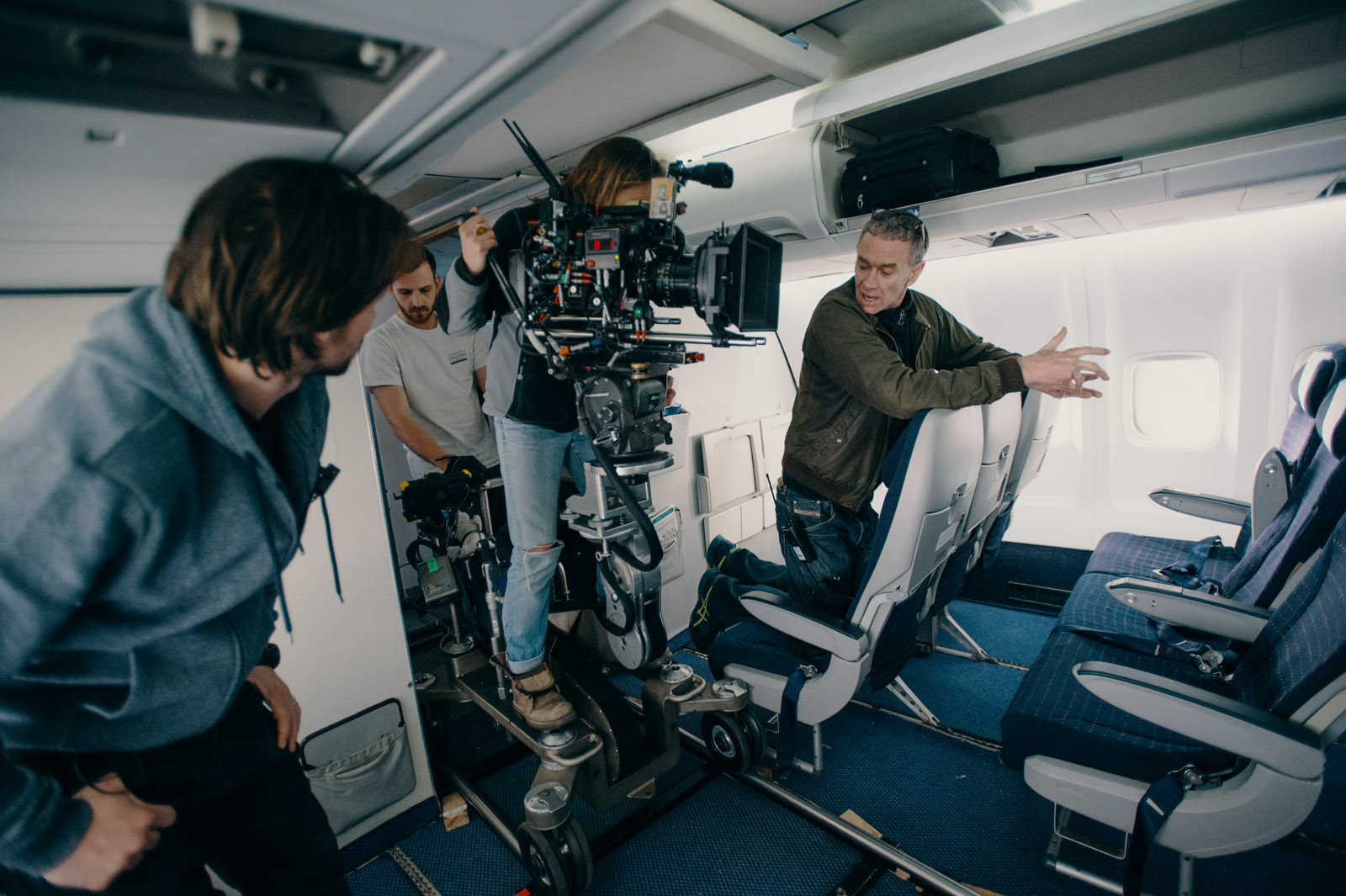 Cinematographer Oona Menges_1st AD_Gaffer - Behind the scenes - Inside Airplane - London - photo credit Ashley Kingsbury