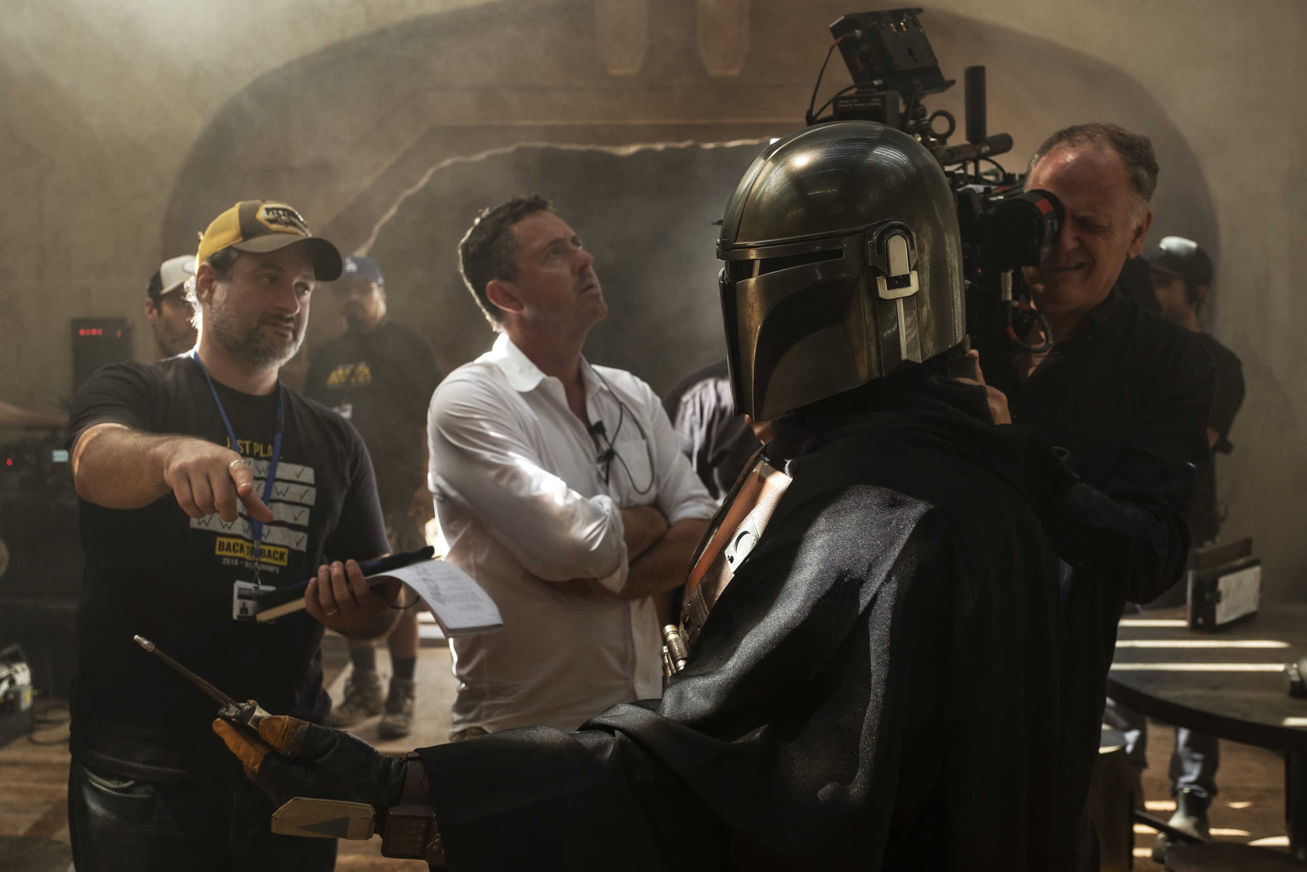 Dave Filoni, Greig Frazer and Baz Idoine on the set of The Mandalorian