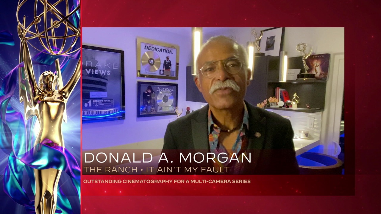 Donald A. Morgan accepts the Emmy for Outstanding Cinematography For A Multi-Camera Series for The Ranch/It Ain't My Fault, his 10th Emmy win of his career, during the third night of the 2020 Creative Arts Emmy Awards, streamed live on Emmys.com on Wednesday, Sept. 16, 2020. (Invision for the Television Academy/AP)