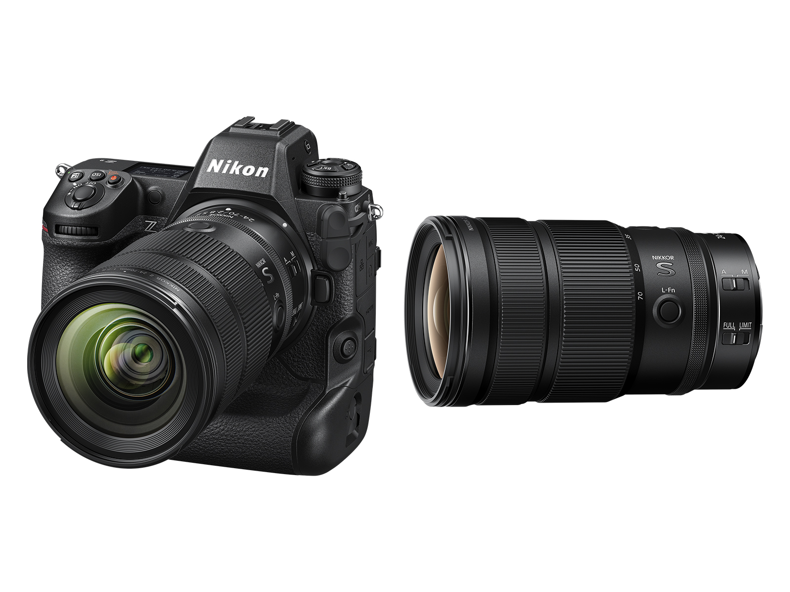 NIKKOR Z 24-70mm f/2.8 S II lens and a camera on a white background