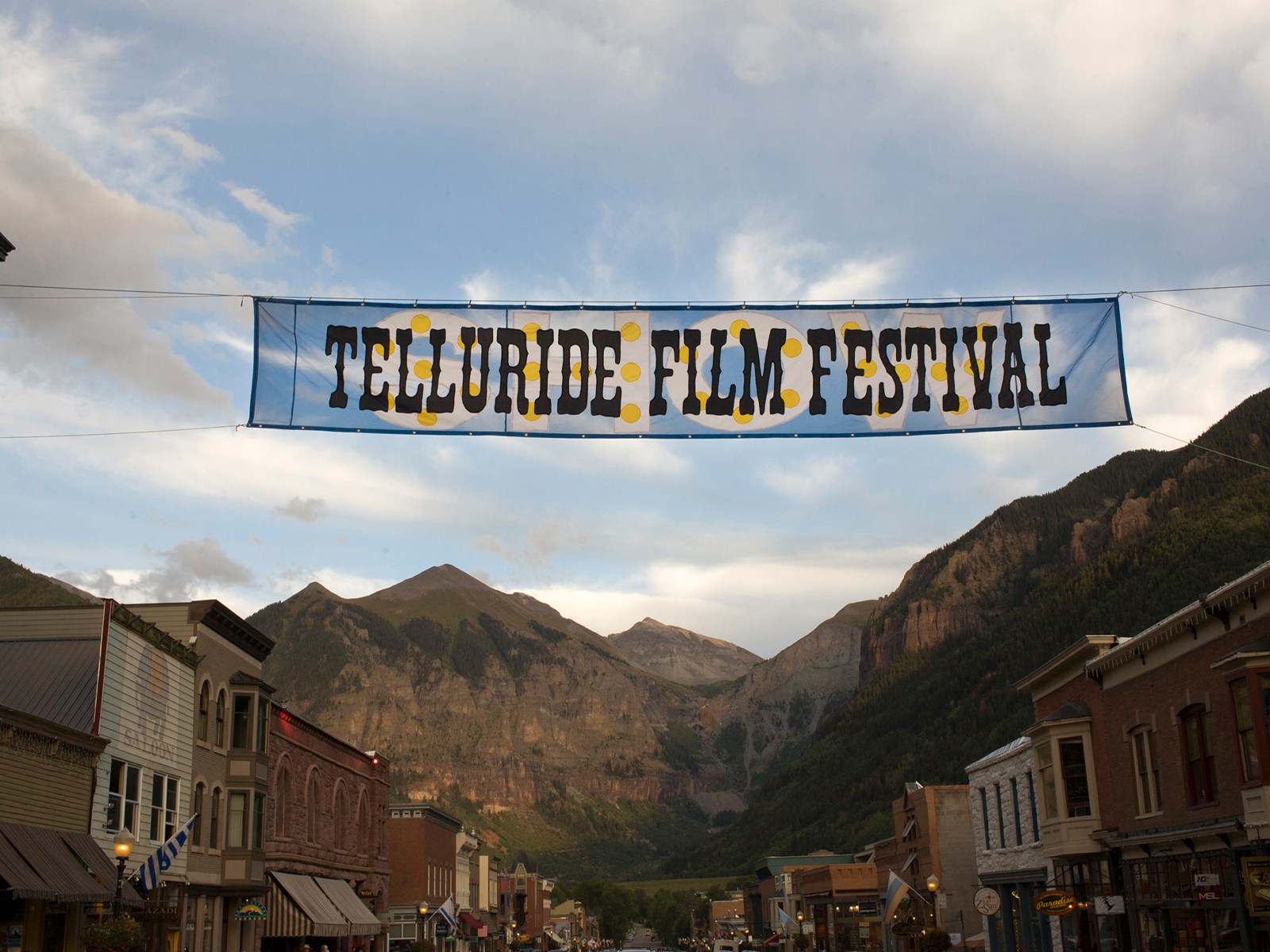 Telluride Film Festival banner hanging in a street