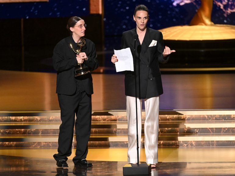 Two people on stage 