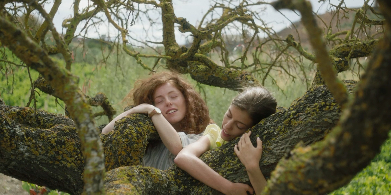 Two girls hugging a tree