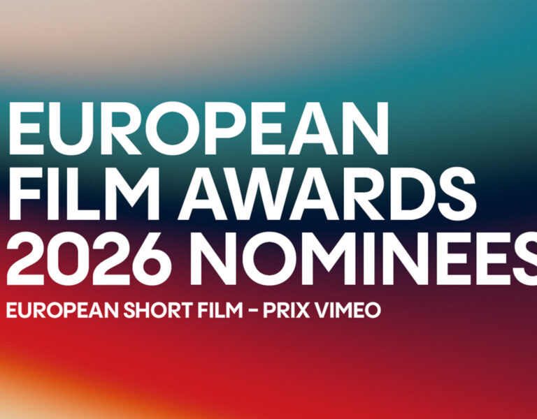 White text on a blurred multicoloured background reads: European Film Awards 2026 Nominees. UK film nominees, European Short Film – Prix Vimeo.