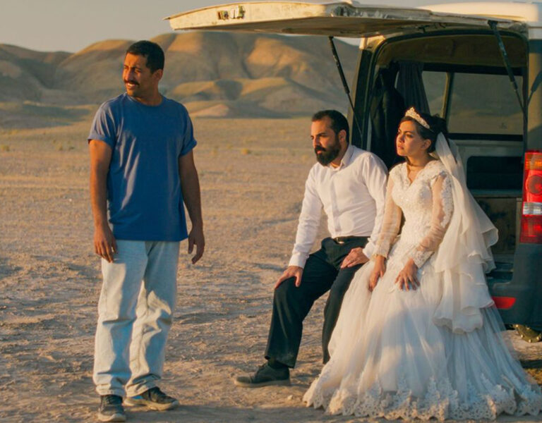 People in wedding attire by a van