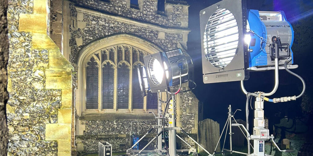 A lighting set outside an old building