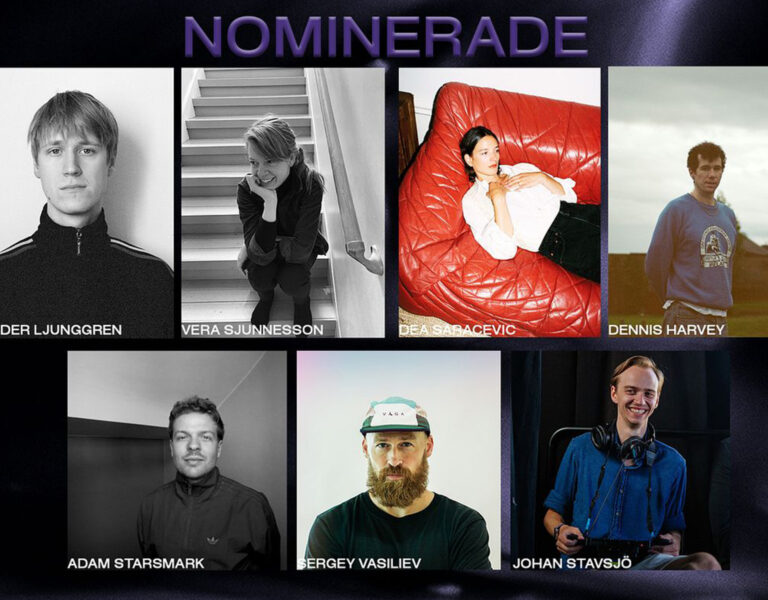 A collage showcases the 1KM FILM 2025 nominees, featuring seven portraits arranged in rows. Each nominee—Alder Ljunggren, Vera Sjunnesson, Dea Šragčević, Dennis Harvey, Adam Starsmark, Sergey Vasiliev, and Johan Stavsjo—is labelled below their photo.