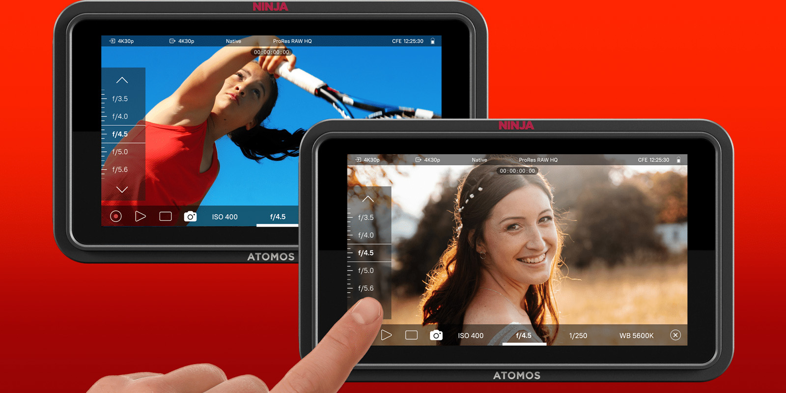 Two Atomos Ninja TX series video monitor screens display different images and camera settings; one shows a woman playing tennis, the other shows a smiling woman outdoors while a hand selects an option, highlighting the latest camera control update.