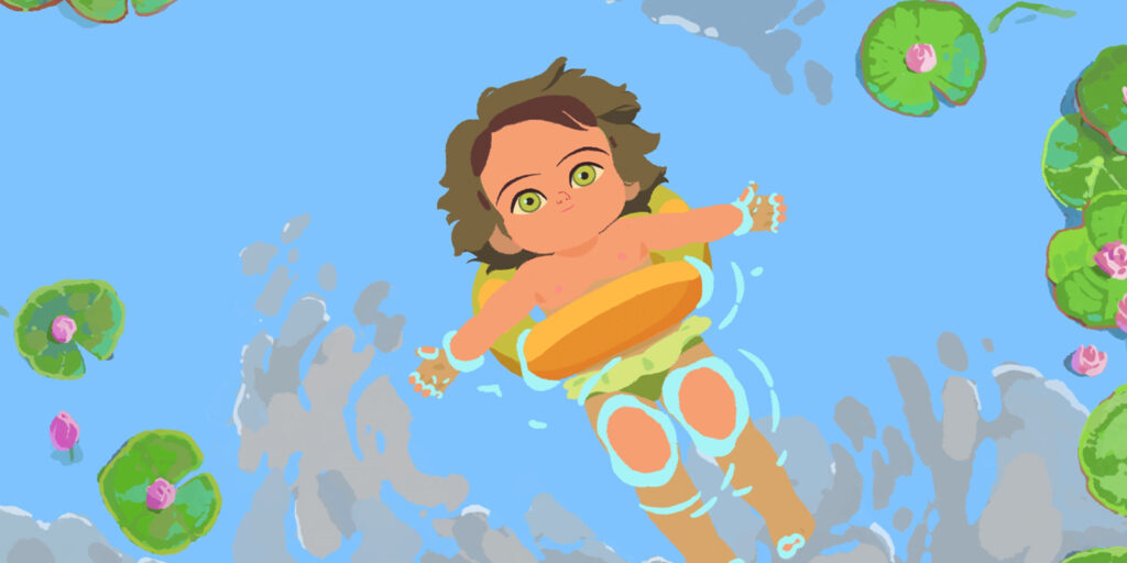 An animated child in a lake