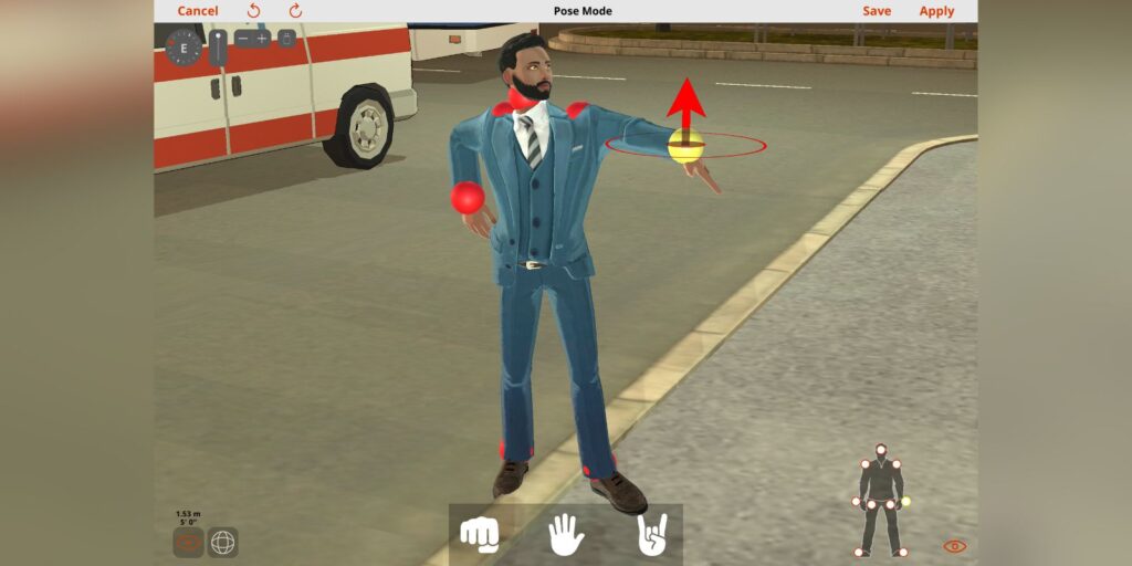 Previs Pro's Pose Mode showing a cartoon man in a suit
