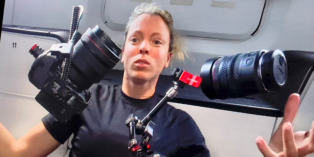 Jannicke Mikkelsen FNF wrangling film equipment in weightless condition
