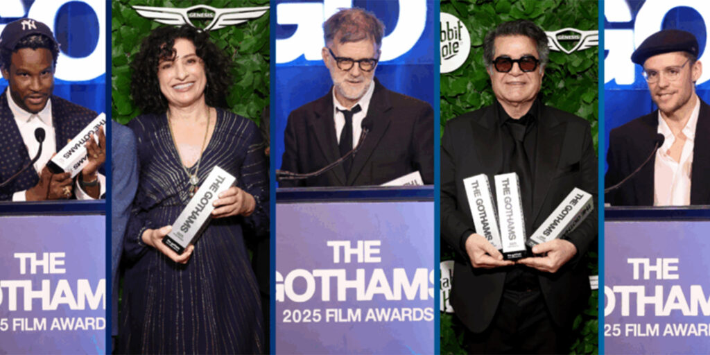 A range of people holding awards and talking at lecterns