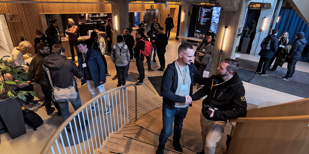 People gathered by a staircase