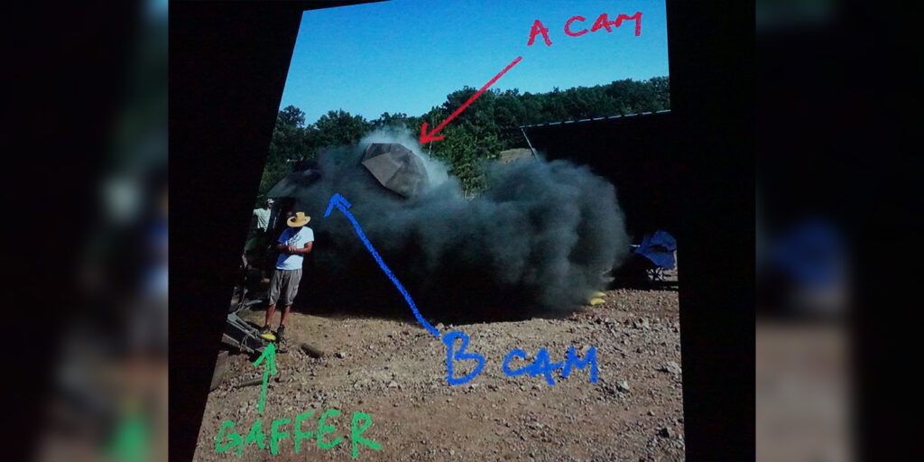 A person stands on rocky ground near a large cloud of black smoke. Handwritten labels with arrows identify A CAM, B CAM, and GAFFER. Trees and a structure are in the background at the 2025 Oslo Digital Cinema Conference Event Review.