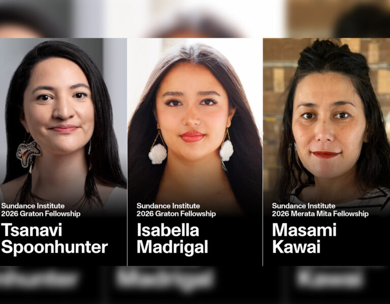 Three women are shown in separate portraits, each with text stating their names—Tsanavi Spoonhunter, Isabella Madrigal, and Masami Kawai—and identifying them as Graton fellows of the Sundance Institute’s 2026 fellowship programmes.