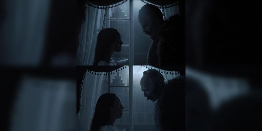 A recreation of Nosferatu looking at a woman