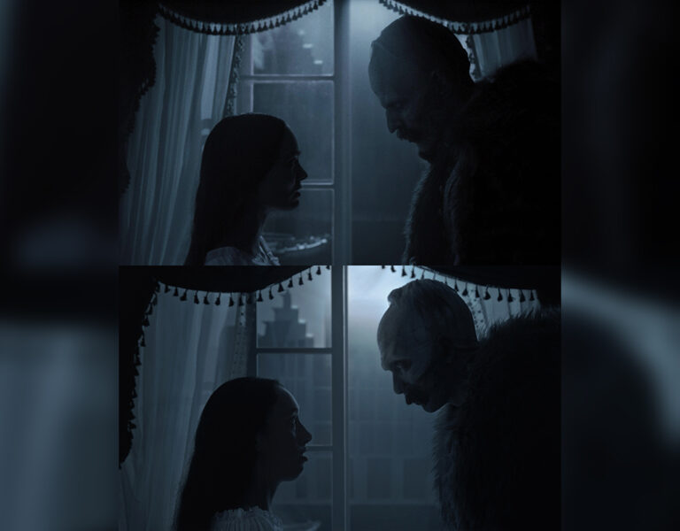 A recreation of Nosferatu looking at a woman