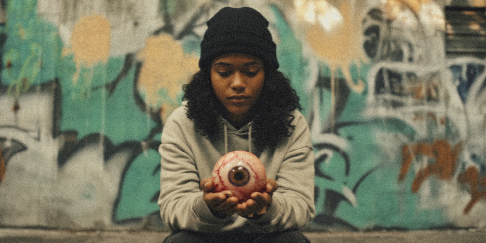 A woman holding a large eyeball