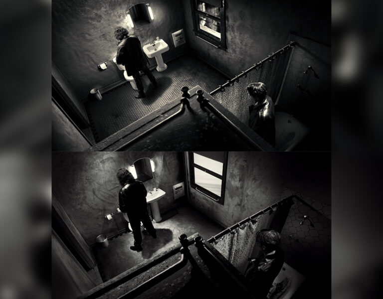 A recreation of a scene from Sin City in a bathroom