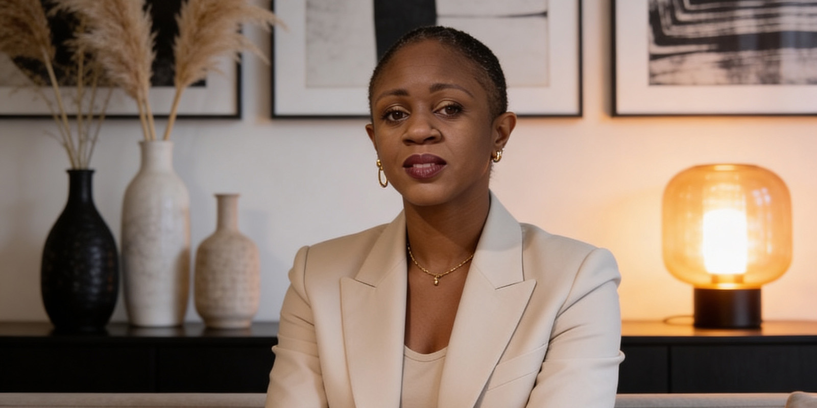 Dr Clare Anyiam-Osigwe sat in a cream suit