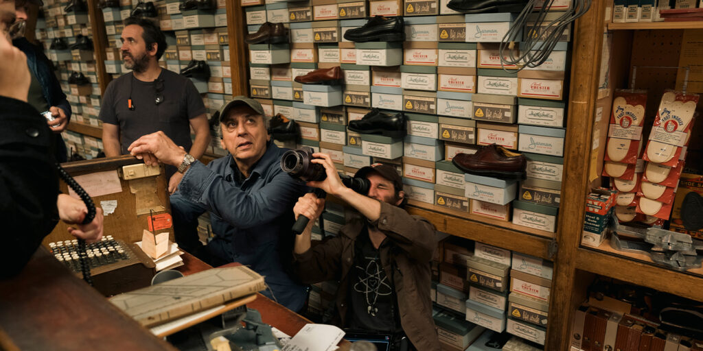 Film crew shooting in a shoe store