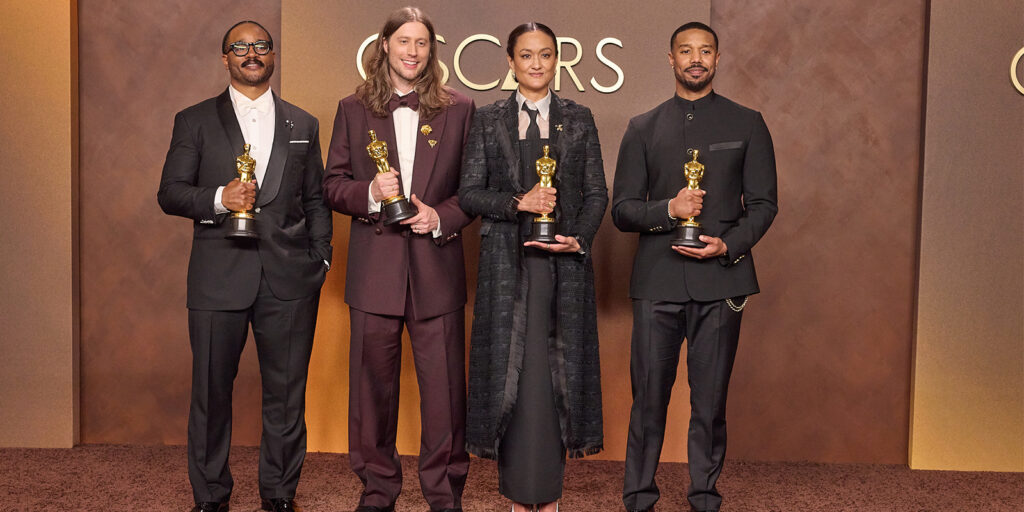Ryan Coogler, Ludwig Goransson, Autumn Durald Arkapaw and Michael B. Jordan pose backstage with their Oscars