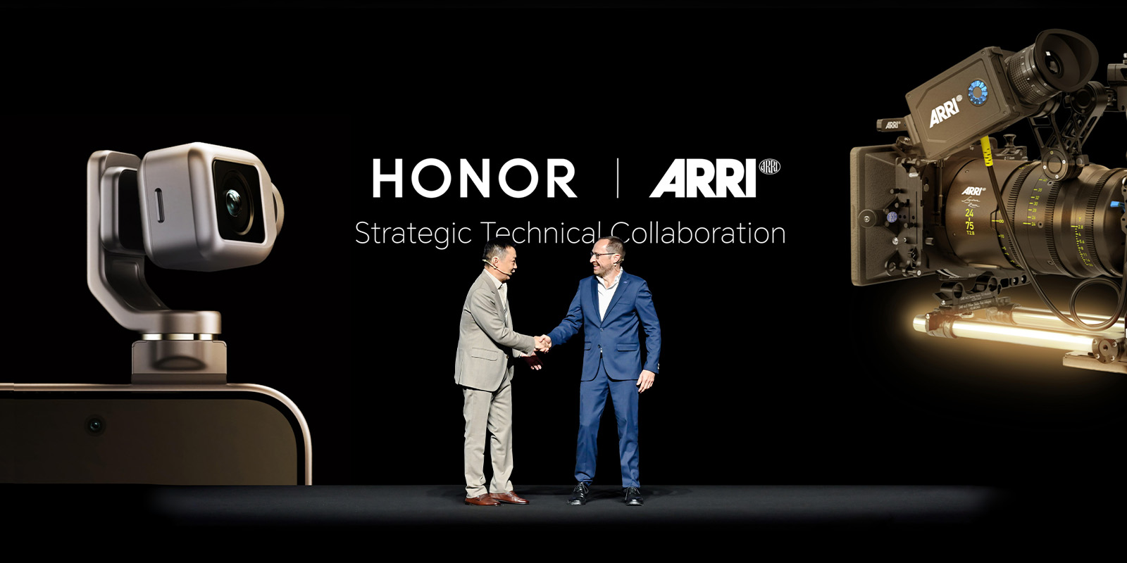 HONOR CEO James Li and ARRI MD David Bermbach at the MWC 2026 announcement shaking hands