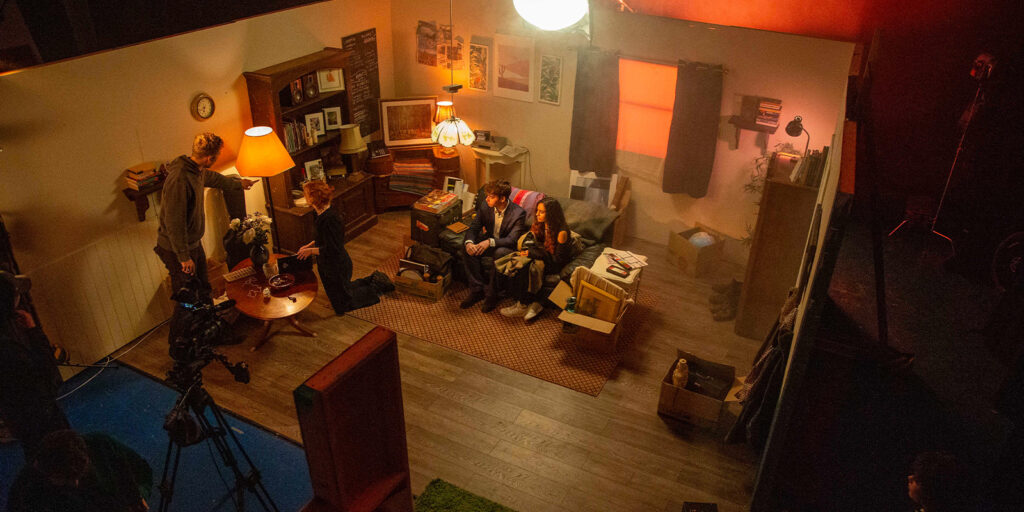An aerial view of a film set