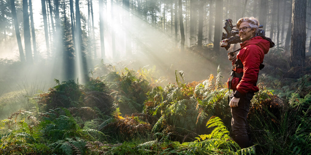A person in a red jacket stands in a sunlit forest, holding a video camera on their shoulder. Ferns and tall trees surround them, with beams of sunlight streaming through the mist.