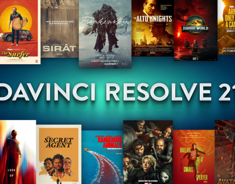 A graphic for DaVinci Resolve 21 featuring a range of movie posters
