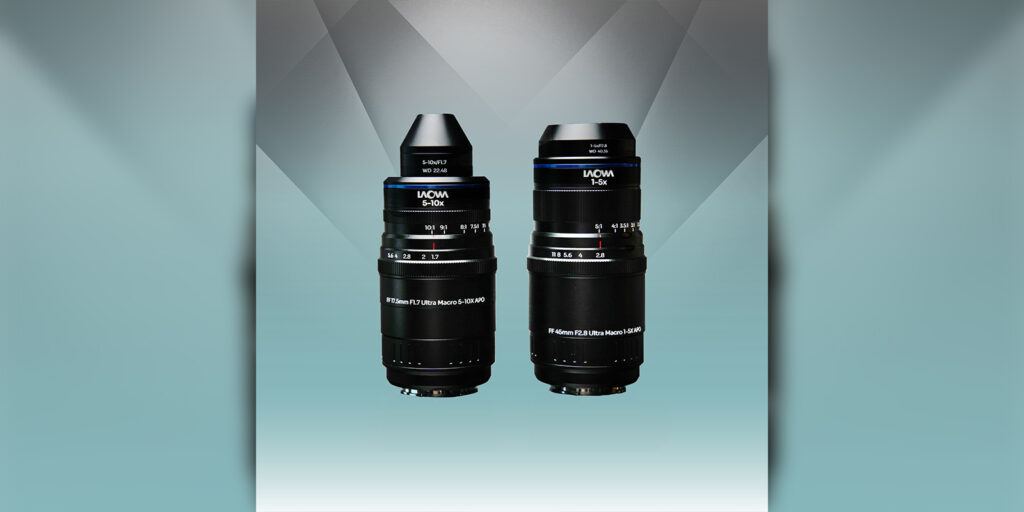 Two Laowa lenses on a blue background
