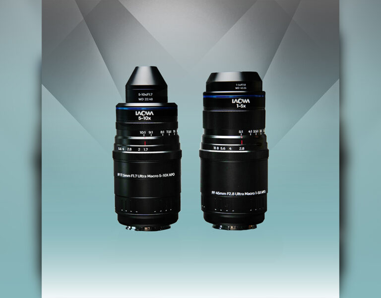 Two Laowa lenses on a blue background